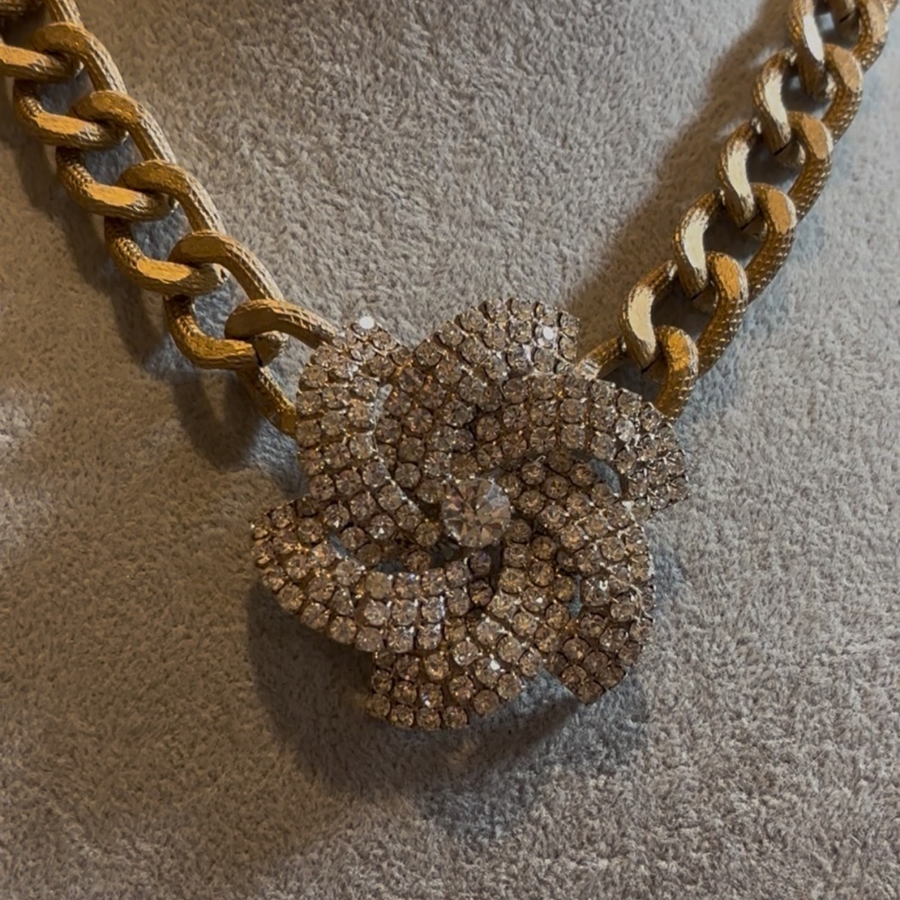 Gold-Tone chunky chain necklace with vintage repurposed rhinestone brooch!